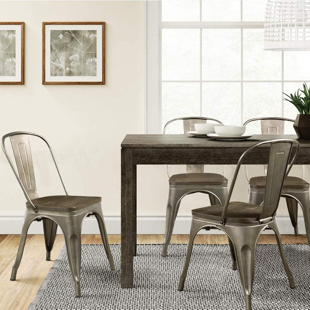 FDW Metal Dining Chairs Set of 4 Patio Chairs Furniture Indoor Outdoor Chairs Kitchen Metal Chairs Stackable Chair Tolix Side Bar Chairs Wooden Seat 18 Inch Seat Height Restaurant Chair FDW