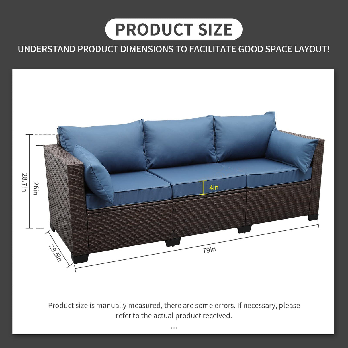 Rattaner 3-Seat Patio Wicker Sofa, Outdoor Rattan Couch Furniture Steel Frame with Furniture Cover and Deep Seat High Back, Blue Anti-Slip Cushion. Rattaner