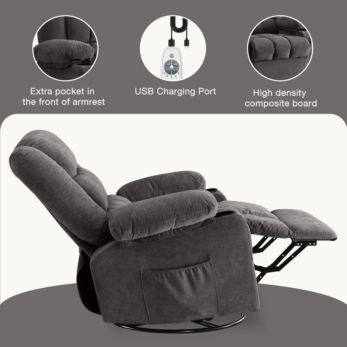 BOSMILLER Massage Swivel Rocker Recliner Chair with Vibration Massage and Heat Ergonomic Lounge Chair for Living Room with Rocking Function and Side Pocket, 2 Cup Holders, USB Charge Port BOSMILLER