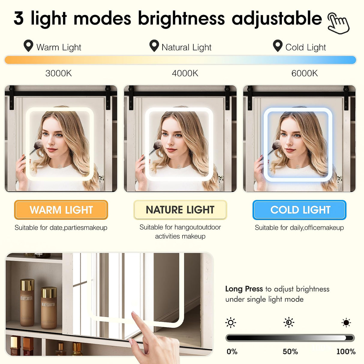 Fameill 45.5'' Farmhouse Makeup Vanity Desk with Sliding Mirror, Vanity Table with 3 Drawers and 2 Cabinets, Charging Station & LED Lights, Storage Shelves, Stool Included, Dressing Table for Bedroom Fameill