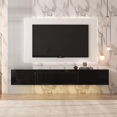 AIEGLE Floating TV Stand Wall Mounted, High Gloss Entertainment Center with 3 Drawers & 16-Color LED Lights, Modern TV Cabinet Console Shelf, Black 63" W