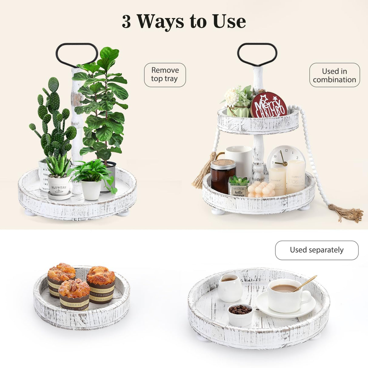 Luxspire Tiered Tray Stand, 2 Tiered Tray Decor with Wooden Beads Garland, Farmhouse Decorative Tray, 2 Tier Serving Tray for Coffee Bar Kitchen Island, Christmas Decor, Rustic White Luxspire