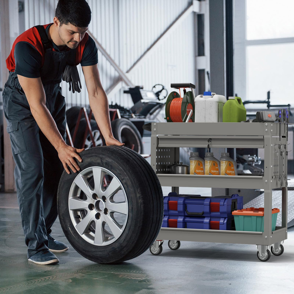 Cemostey 3-Tier Rolling Utility Cart, Heavy Duty Tool Cart on Wheels, Metal Service Cart with Locked Drawers for Garage, Warehouse and Repair Shop (Grey) Cemostey