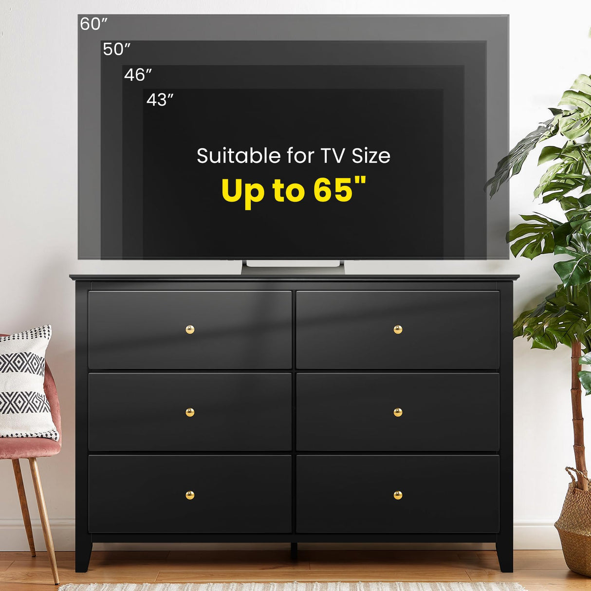 Dresser for Bedroom, 6 Drawer Dressers, Wood Dresser, Chests of Drawers for Entryway Closet Living Room Hallway Sturdy Wooden Top Easy Pull Handle,Black WoodArtSupply