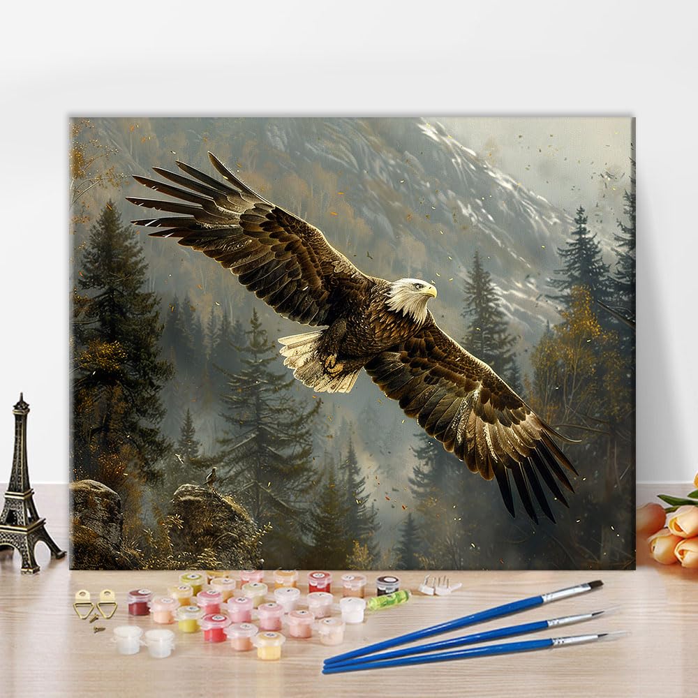 Paint by Number for Adult, Majestic Bald Eagle Paint by Numbers, Autumn Forest Adult Paint by Numbers Kits on Canvas with 3 Paintbrushes and Acrylic Pigment, 16X20 Inch Frameless TUMOVO