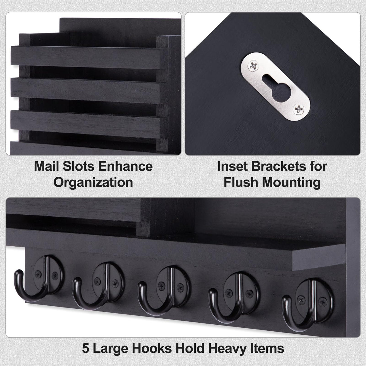 Lwenki Key Holder for Wall – Decorative Wooden Mail Holder and Key Shelf with Mounting Hardware, Installation Guide – Paulownia Wood with 5 Metal Key Hooks (11.8” x 6.7” x 2.8”) Lwenki