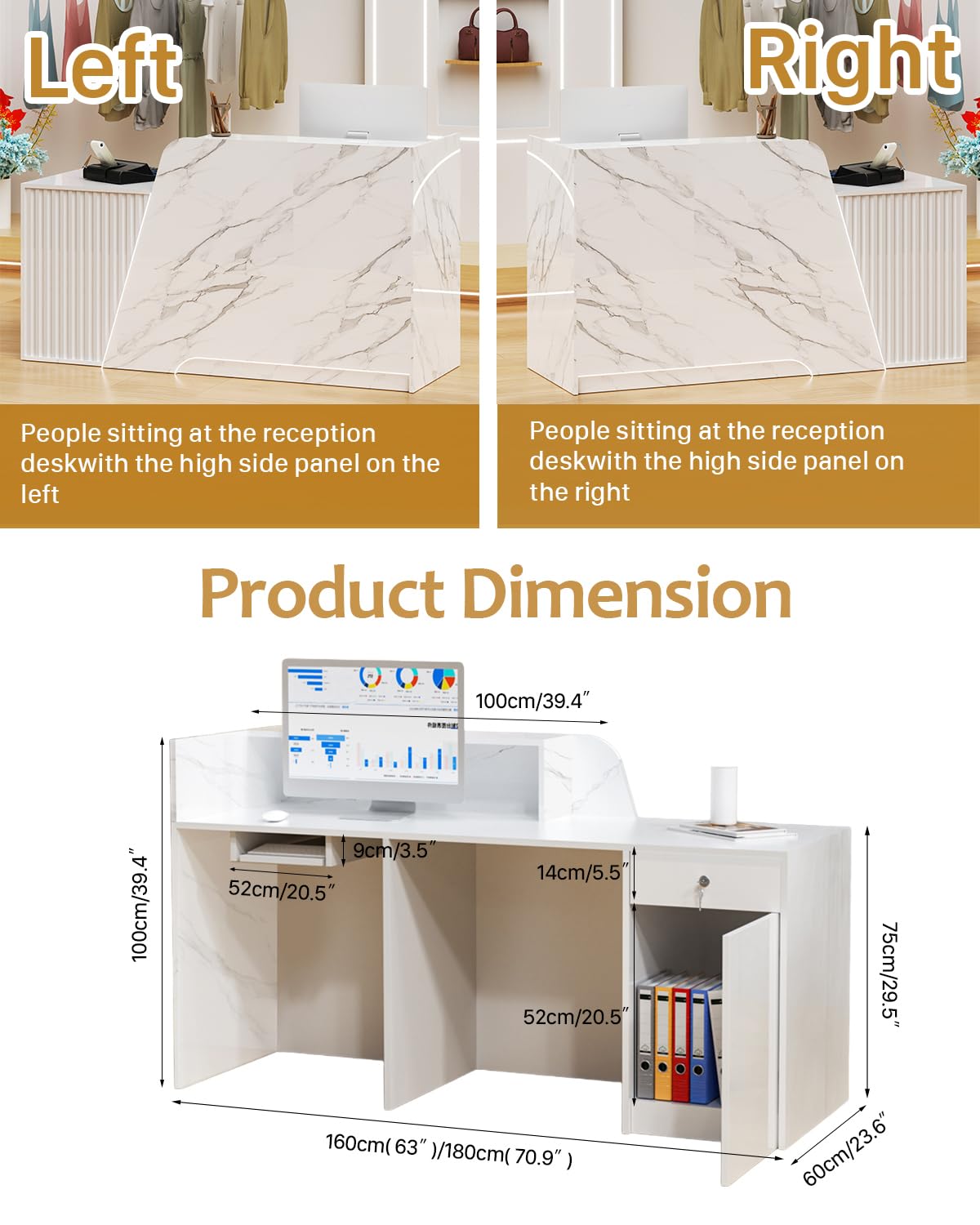 Modern Reception Desk with Counter, Solid Wood Retail Counter with Lockable Drawer & Shelves, White Front Desk for Checkout, Lobby, Beauty Salon, Barber and Office (63in,Left) Generic
