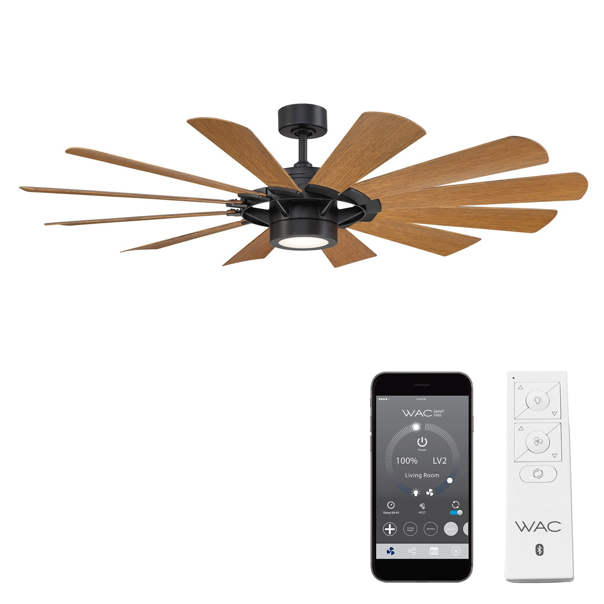 Windmill Indoor and Outdoor 12-Blade Smart Home Ceiling Fan 65in Matte Black Distressed Koa with 3000K LED Light Kit and Remote Control works with Alexa and iOS or Android App WAC Lighting