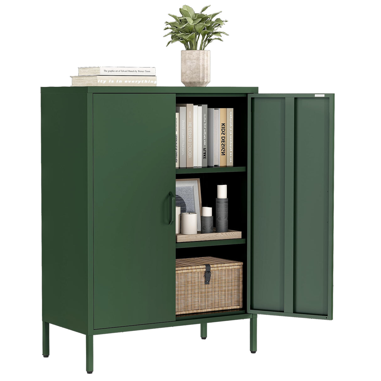 Bevivog Green Metal Locker Cabinet with 2 Doors, Metal Accent Cabinets with 2 Adjustable Shelves Home Office Storage Lockers Sideboard for Kitchen Living Room Hallway Entryway Bevivog