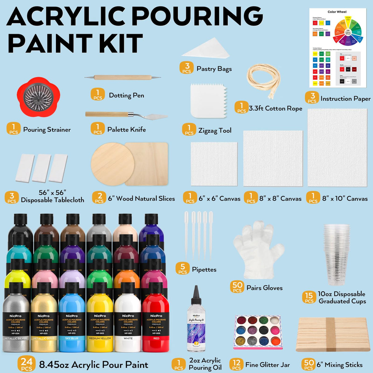 Nicpro 24 Colors 8.45oz Acrylic Pour Paint Supplies Kit, Large Volume Premixed High Flow Painting Bulk Set with Canvas, Wood Natural Slices, Pouring Oil, Tools Gloves, Strainer, Cups for Beginner DIY Nicpro