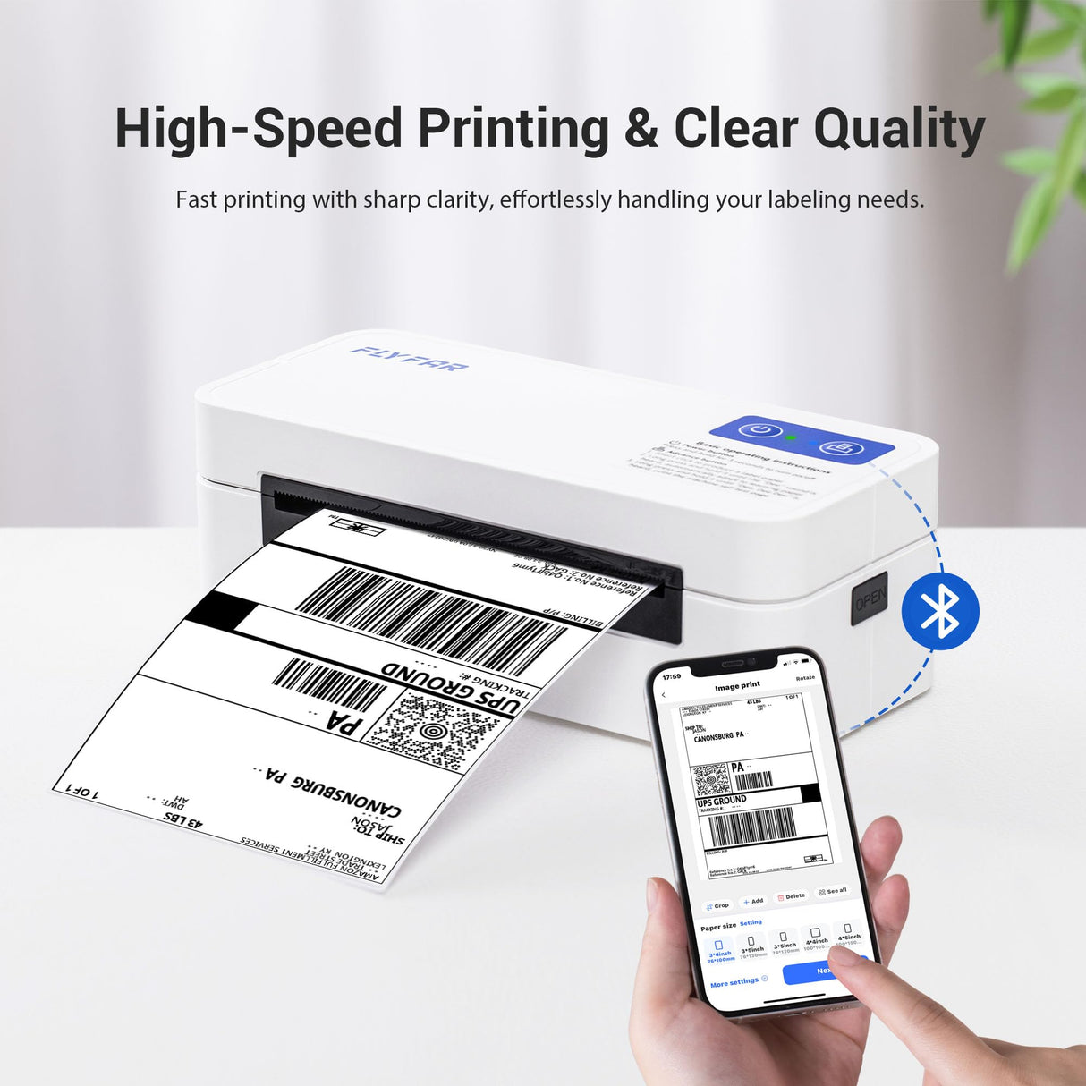 FLYFAR Bluetooth Thermal Shipping 4x6 Label Printer,Wireless Label Printer for Small Business,Support Windows,iOS,iPhone, Android,Used for Amazon,Shopify,Ebay,Ups,FedEx FLYFAR