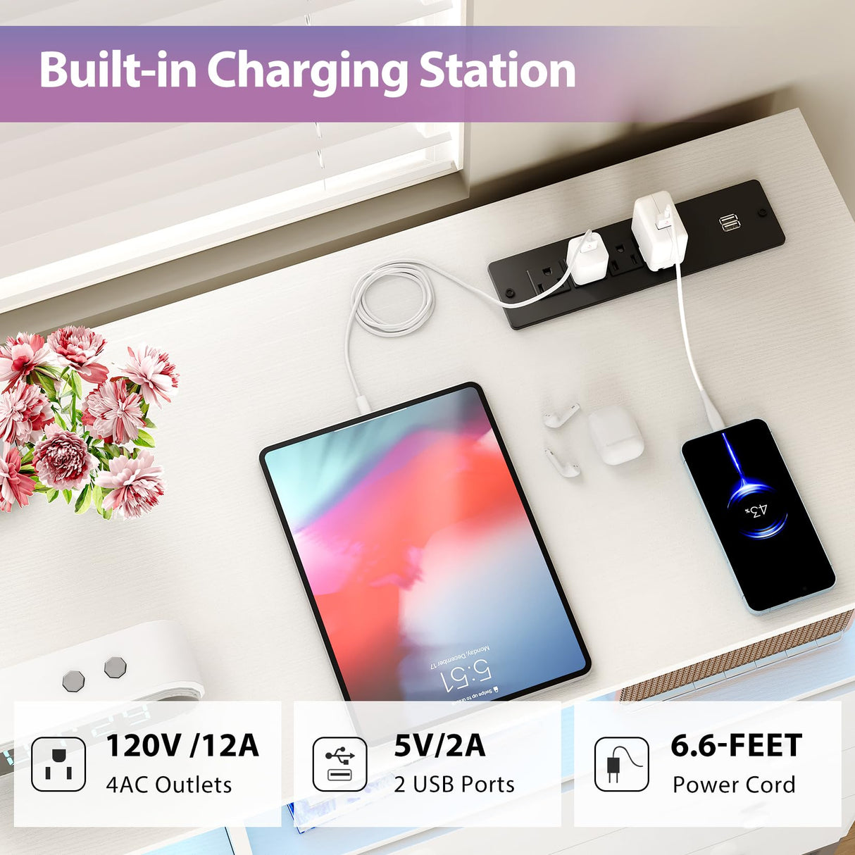 GarveeHome 6 Drawer Double Dresser TV Stand, Bedroom Dresser with Power Outlet & LED Light, Wood Dresser for Room, Hallway, White GarveeHome