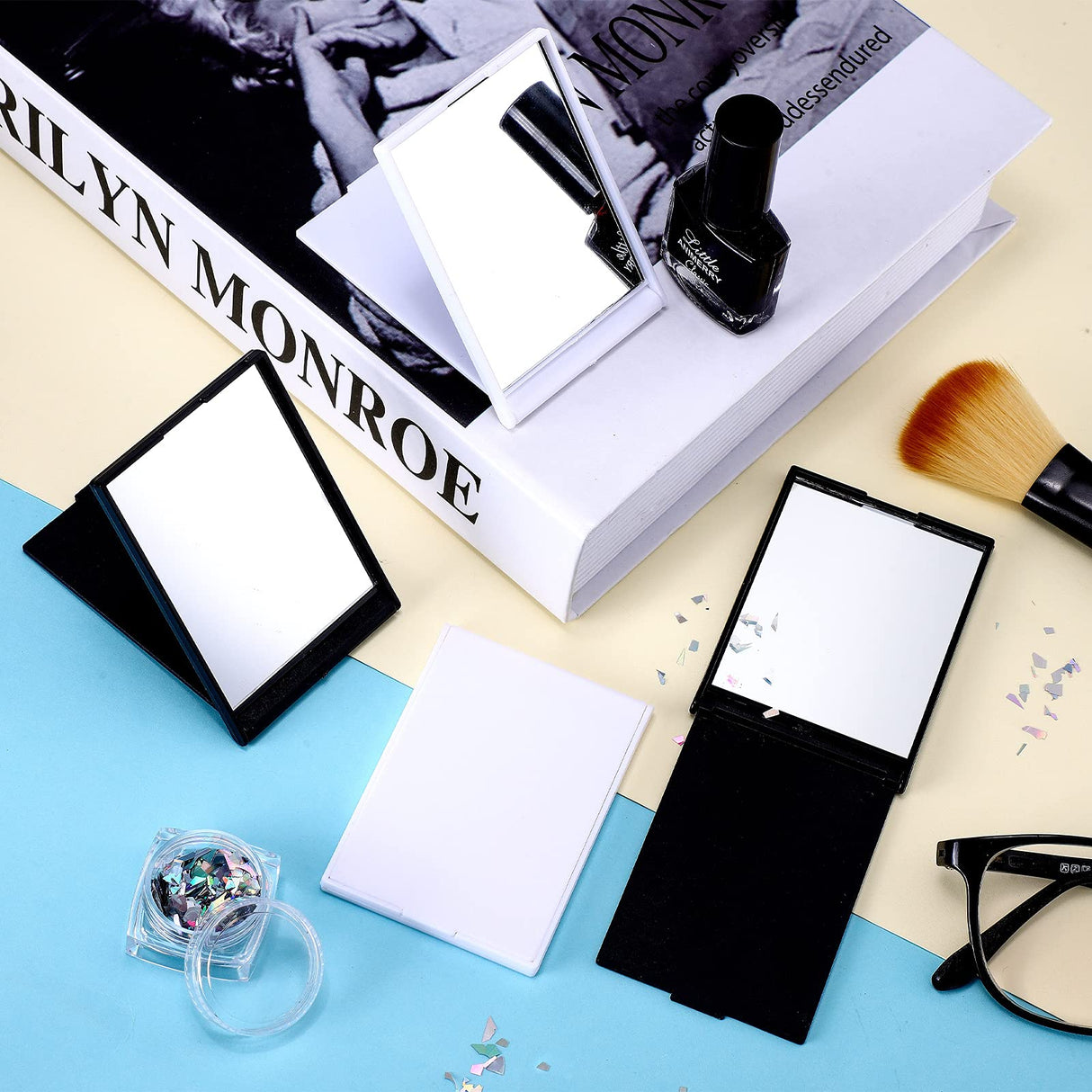 Queekay Home Mirror, 16pcs 2 x 3 x 0.2'' Small Makeup Folding Mirror, Portable Travel Mirror, Compact Stand up Mirror, for Women Girls, Black, White Queekay