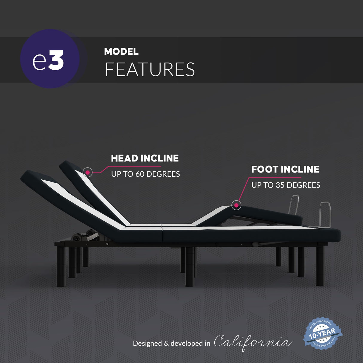 Blissful Nights King e3 Adjustable Bed Base Frame with Head and Foot Incline, Wireless Remote Control, Easy Assembly, and 10 Year Warranty Blissful Nights