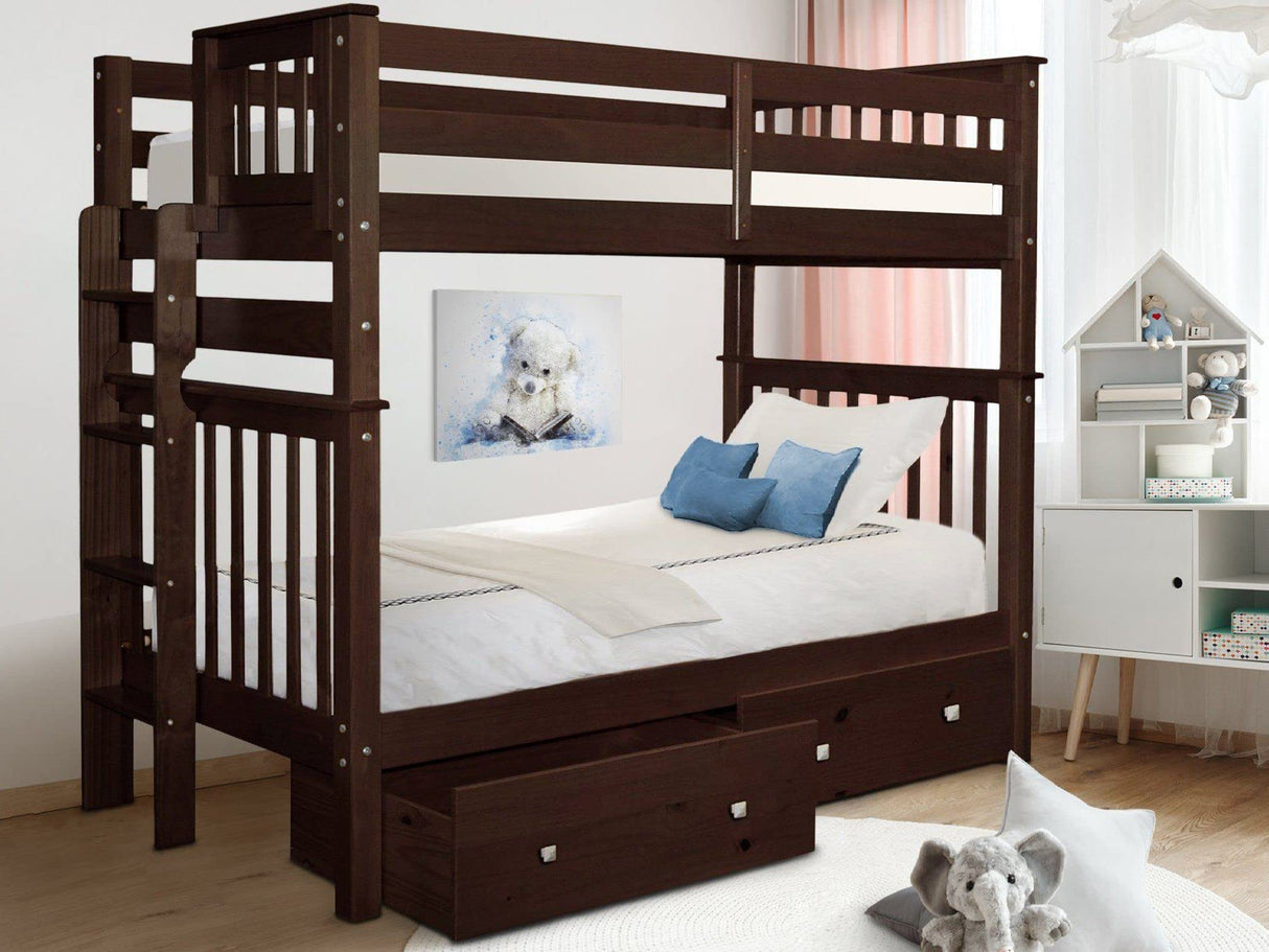Bedz King Tall Bunk Beds Twin over Twin Mission Style with End Ladder and 2 Under Bed Drawers, Dark Cherry Bedz King