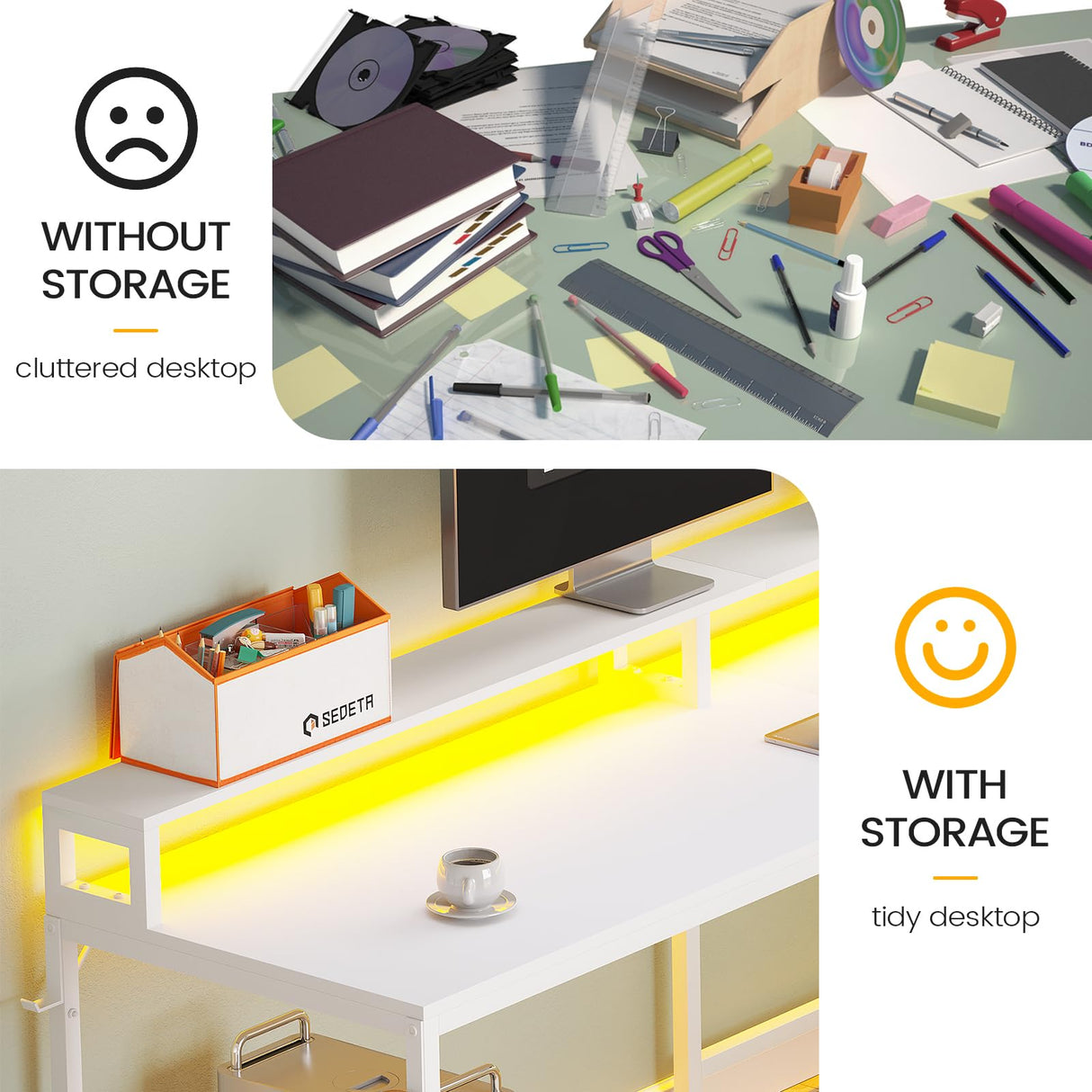 SEDETA White L Shaped Gaming Desk, 66" Home Office Desk with File Drawer, Power Outlet and Led Lights, Corner Computer Desk with Monitor Shelf, Printer Storage Shelves, for Two Person SEDETA