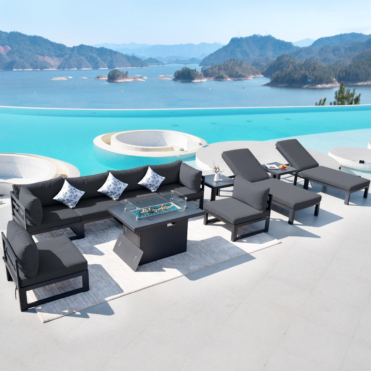 RADIATA Outdoor Aluminum Patio Furniture with Fire Pit Table, Modern Outdoor Patio Furniture Set 11 Pieces, Gray Frame Wide Seat Oversized Sectional Conversation Set for Poolside, Backyard, Grey RADIATA