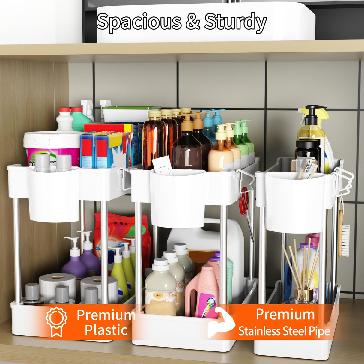 JYSMYWS 3 Pack Under Sink Organizers and Storage, 2 Tier Bathroom Cabinet Organizer Shelf with Hanging Cups for Kitchen & Bathroom (White) JYSMYWS