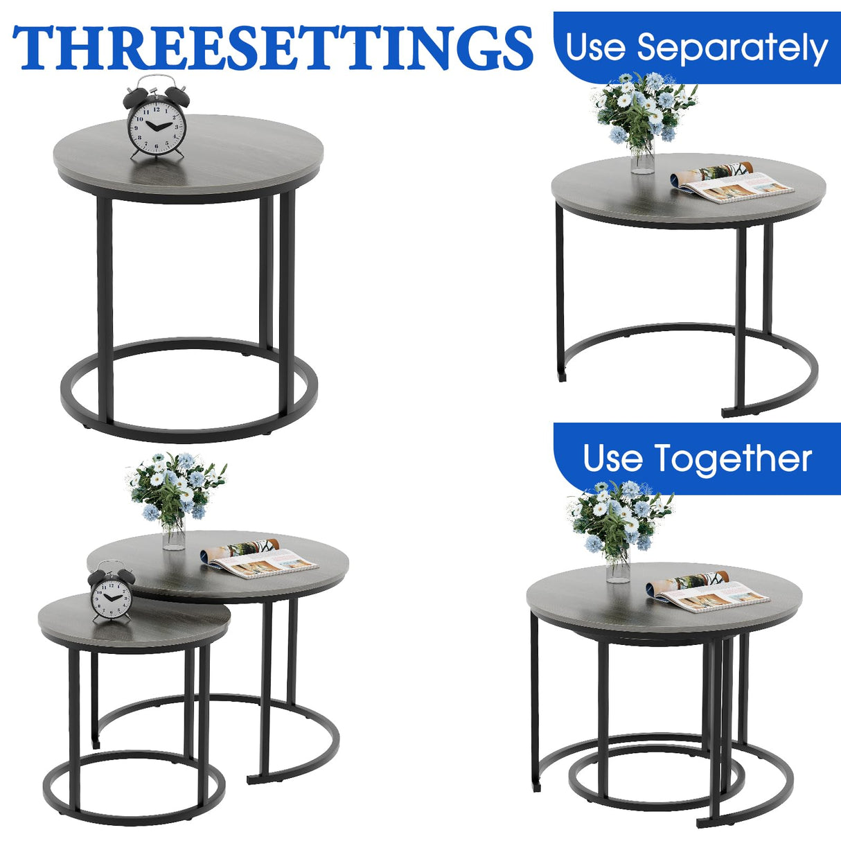 VILAWLENCE Nesting Coffee Table Set of 2, Modern Round Side Table End Tables for Living Room Bedroom Balcony,Grey Wooden Stacking Accent Coffee Tables with Metal Frame VILAWLENCE