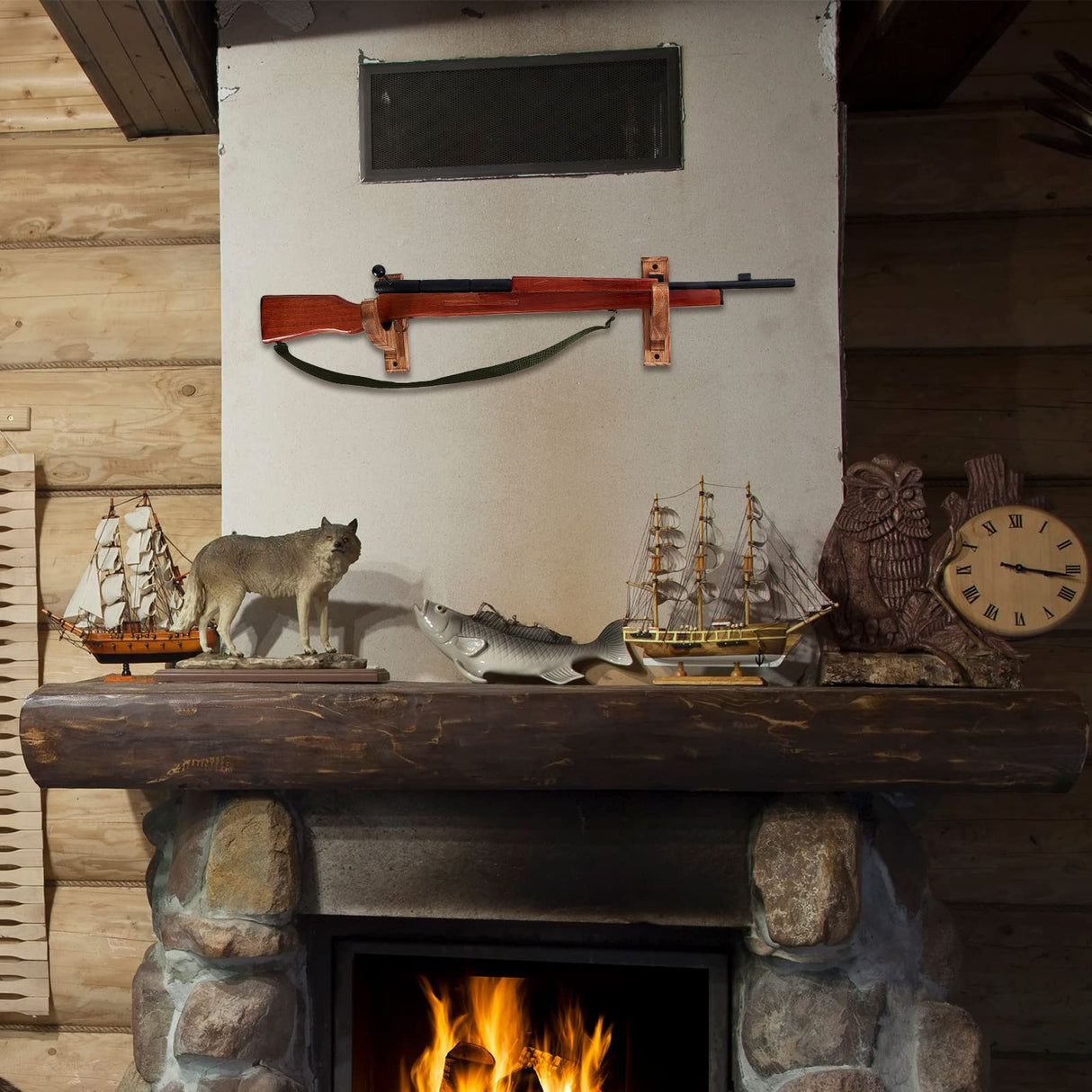 4 Pack Gun Rack for Wall Rifle Shotgun Bow Wood Rifle Stand Rustic Indoor Gun Hooks Horizontal Rifle Holder Solid Wooden Rifle Wall Mount Display Juexica