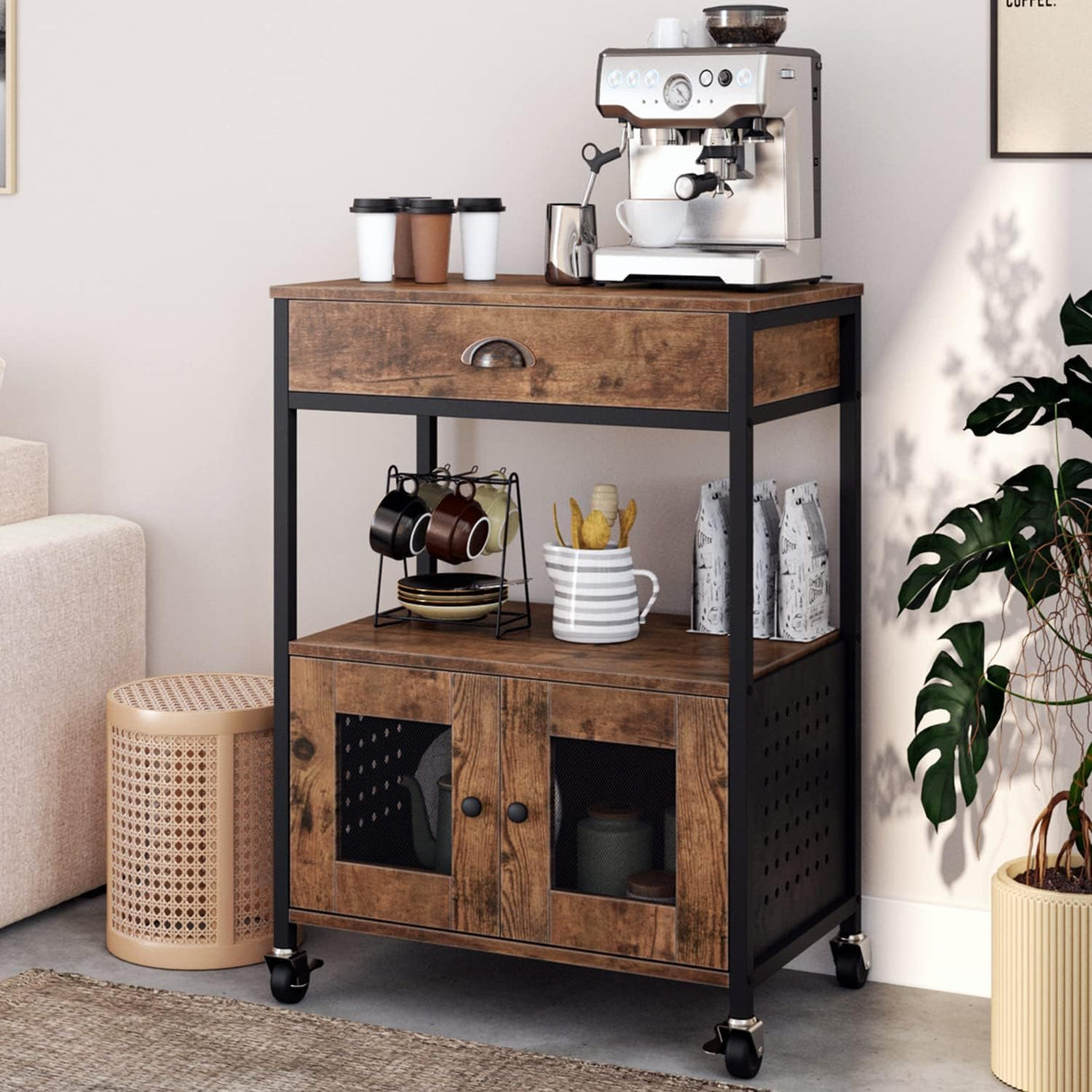 Catrimown Coffee Cart with Storage, Coffee Bar Cabinet on Wheels, Small Microwave Cart with Drawer for Kitchen, Living Room, Rustic Brown Catrimown