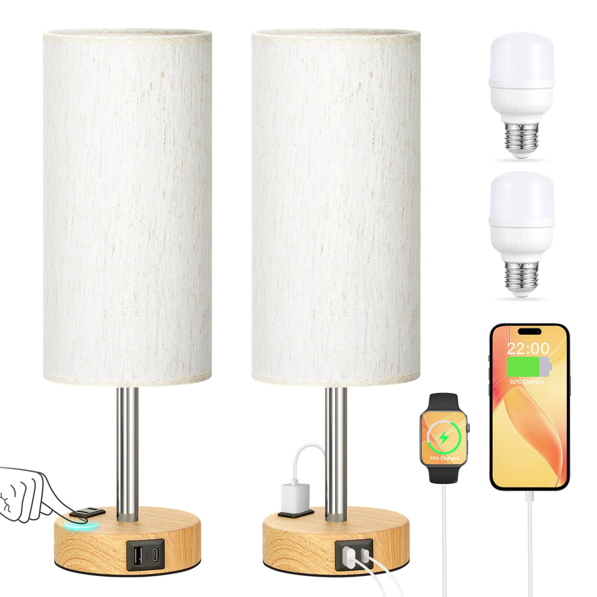 Touch Bedside Table Lamps Set - 3 Way Dimmable Bedroom Lamps Set of 2 with USB C and A Ports, Small Lamps for Nightstand with AC Outlet, Wood Base Round Flaxen Shade for Desk, Office, Dorm, Nursery PartageiZ