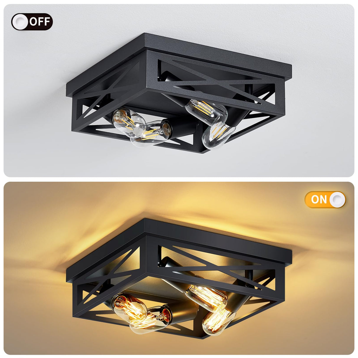 ZHU YAN Farmhouse Ceiling Light Fixture, 2 Pack Square Black Metal Cage Ceiling Lamp for Kitchen Entryway Hallway (4-Light) ZHU YAN