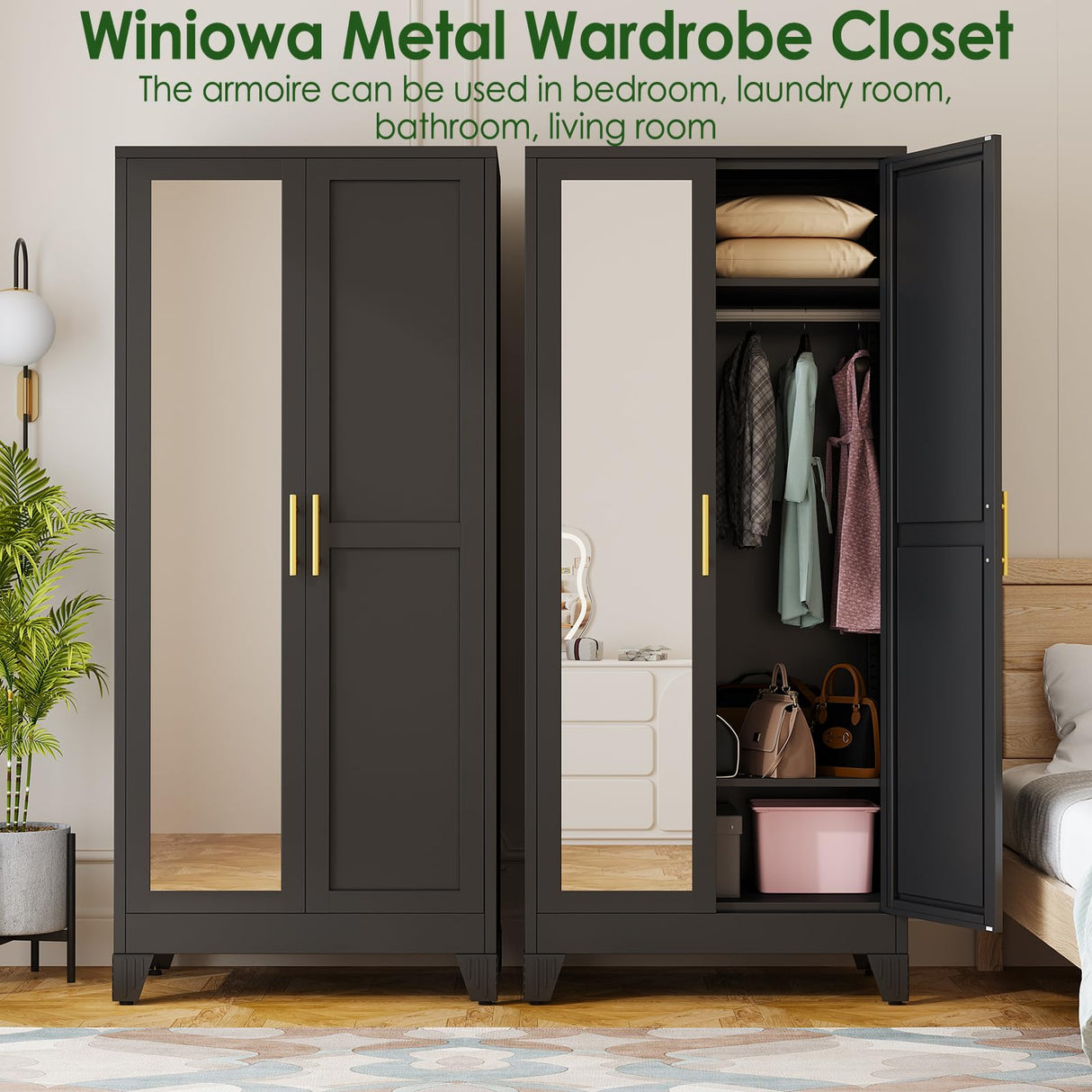 winiowa Metal Armoire Wardrobe Closet with 2 Mirror Doors, 71"' Wardrobe Cabinet with Adjustable Shelves and Hanging Rod, Clothing Storage Cabinet Closet with Mirror for Bedroom-Black winiowa