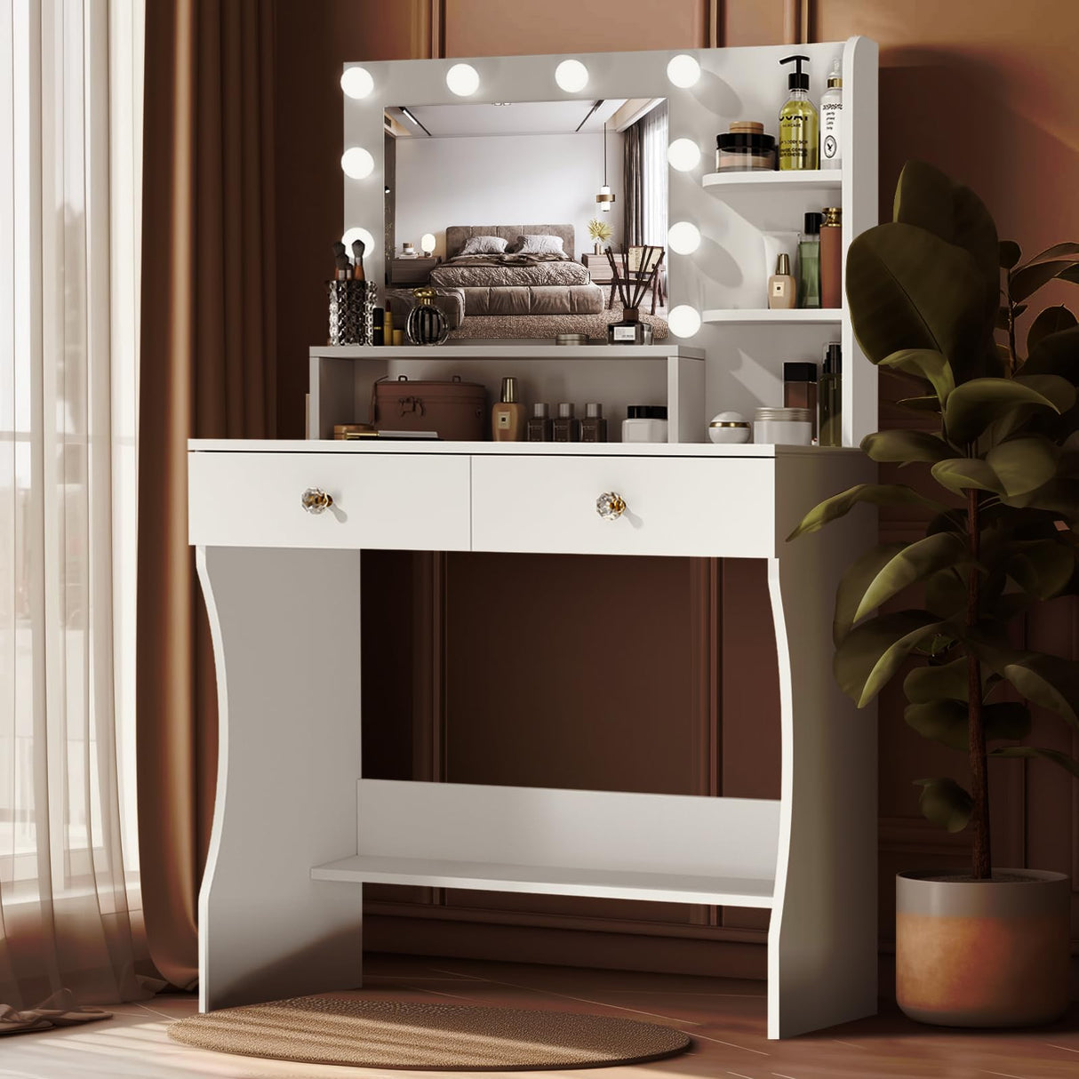 CUOZOVA Vanity Desk with Mirror and Lights, White Vanity with Lighted Mirror, Vanity with Lights with Drawers & Shelves, Makeup Vanity Desk with Lights for Bedroom & Dressing Room, 3 Lighting Modes CUOZOVA