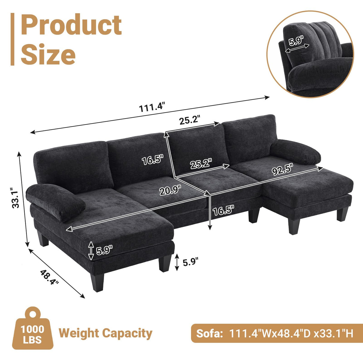 VINGLI 110" Sectional Couches for Living Room,U Shaped Couch with Double Chaise, 4-Seat Sofa Set with Chenille Fabric for Home Furniture,Black VINGLI