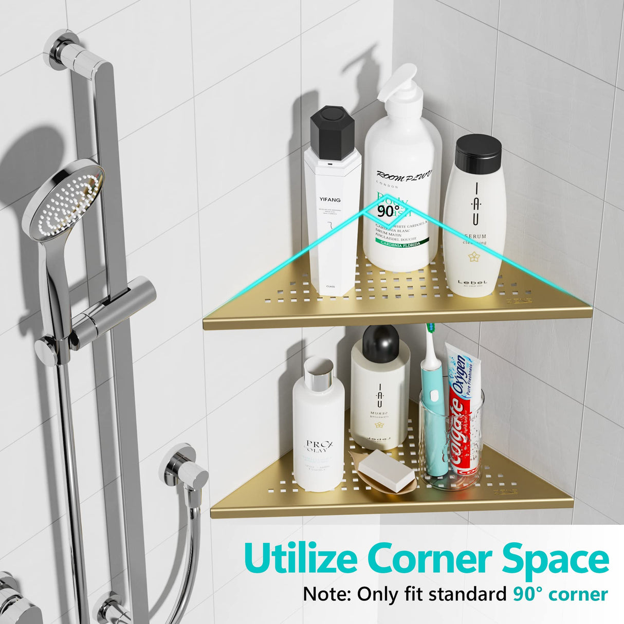 Qeke 2 Pack Bathroom Corner Shelf, Recessed 12" Corner Shower Shelf, SUS304 Stainless Steel Triangular Wall Mount, No Drilling, Brushed Golden Qeke