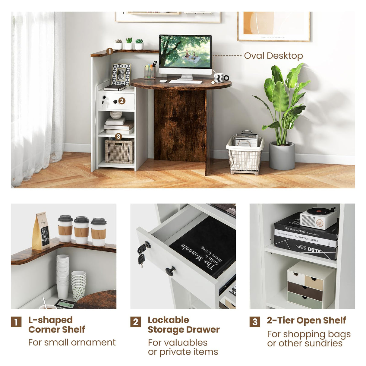 Giantex Reception Desk, Front Counter Desk with Lockable Drawer, Checkout Table with Round Tabletop, Corner Shelf & Adjustable Shelf for Office Beauty Salon Retail Store (White & Brown) Giantex