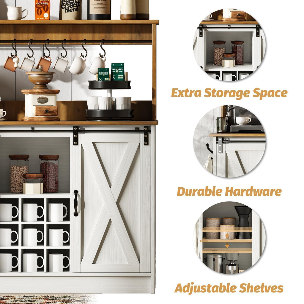 4ever2buy Farmhouse Coffee Bar Cabinet with Hutch, 47'' Kitchen Buffet Cabinet with 9 Wine Racks and 6 Hooks, Coffee Bar with Sliding Barn Door, White 4ever2buy
