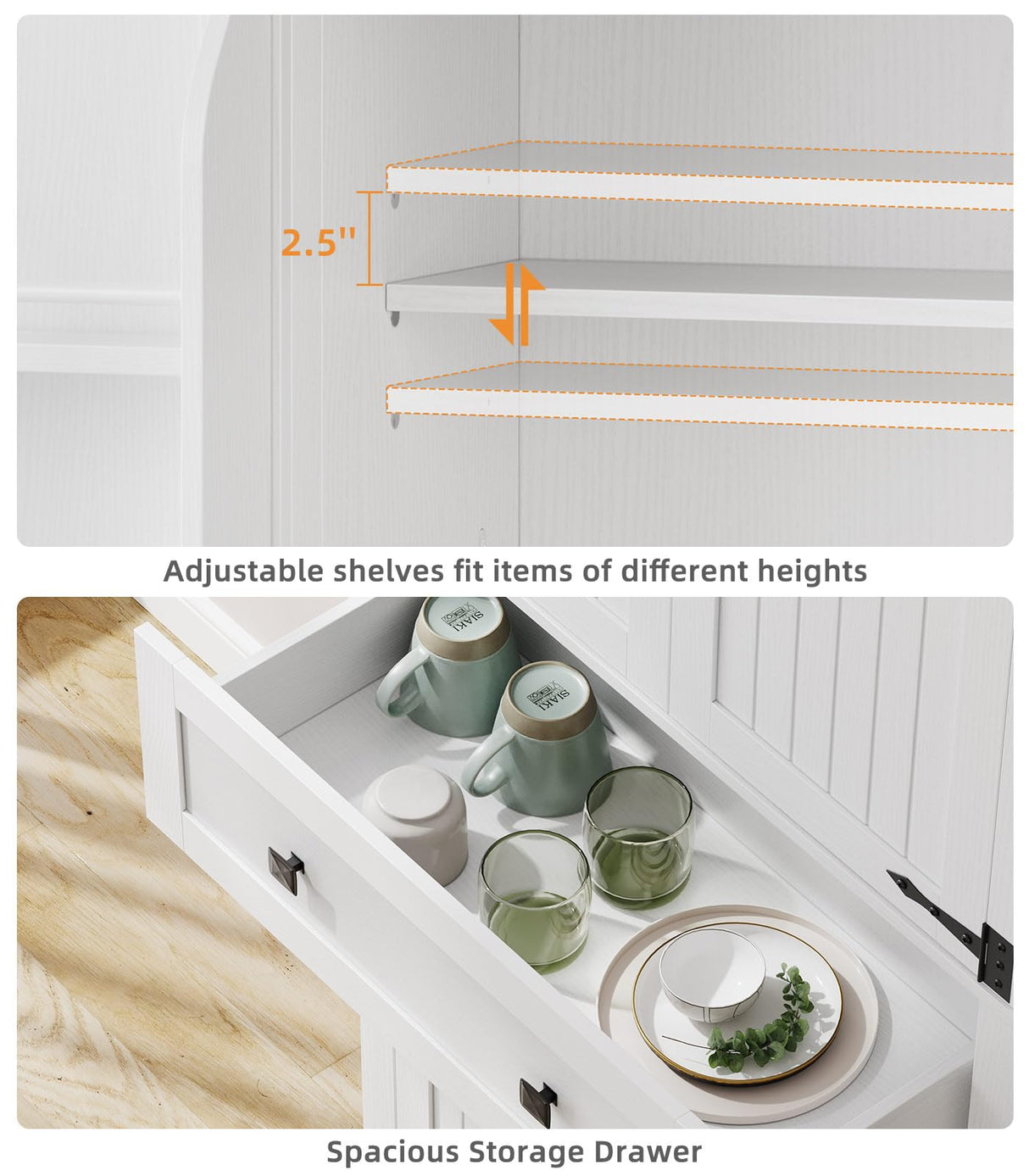 Memobarco 72" Kitchen Pantry Cabinet,Tall Storage Cabinet with 4 Doors Shelves,2 Cabinets,Drawer,Adjustable Shelves,Freestanding Cupboard for Kitchen,Dining Room,Living Room,Laundry,White+Gray Memobarco