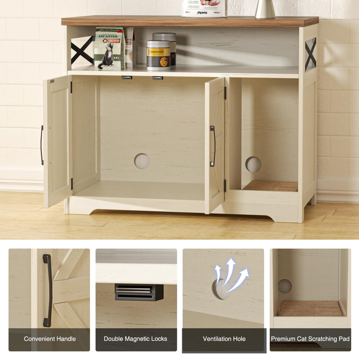 Halitaa Cat Litter Box Enclosure,Hidden Litter Box Furniture Cat Washroom with Cat Scratch Pad,Farmhouse Indoor Cat House End Table,White Halitaa