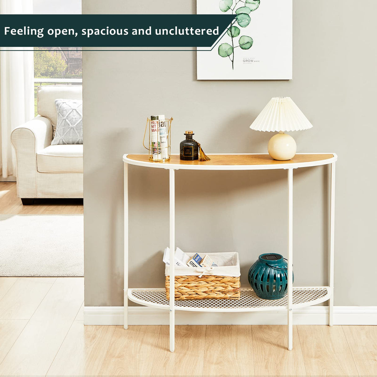 SAYGOER 2-Tier Half Moon Console Table with Storage Shelves in Oak White for Entryway, Living Room, and Office SAYGOER