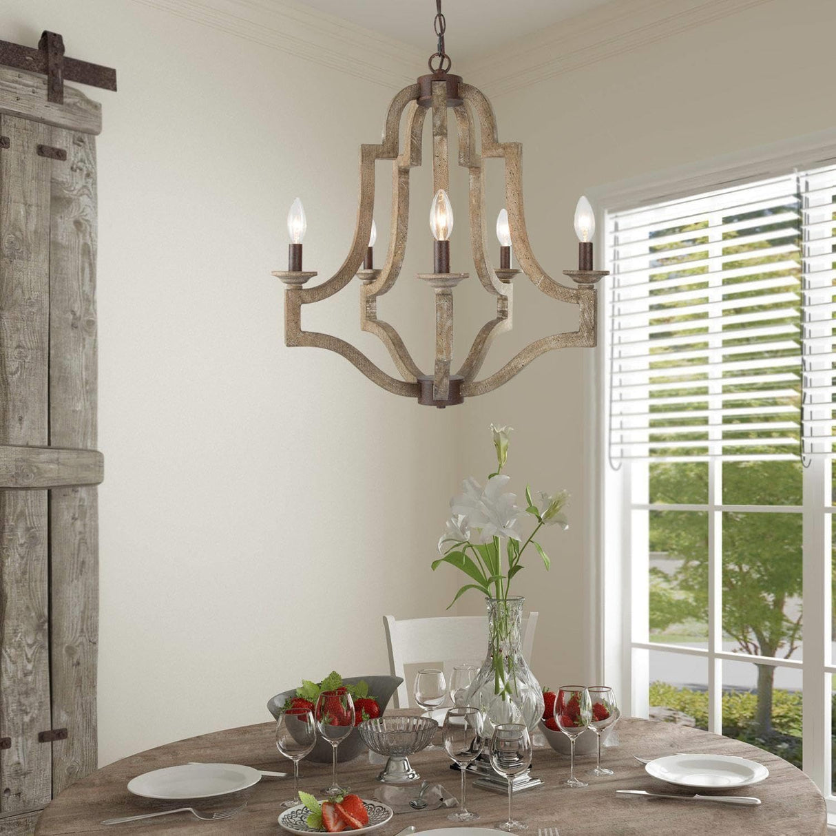 GEPOW Farmhouse Chandeliers for Dining Room, Rustic Wood Chandelier Lighting Fixture, 5-Light French Country Chandelier for Kitchen Island, Living Room, Bedroom and Entryway GEPOW
