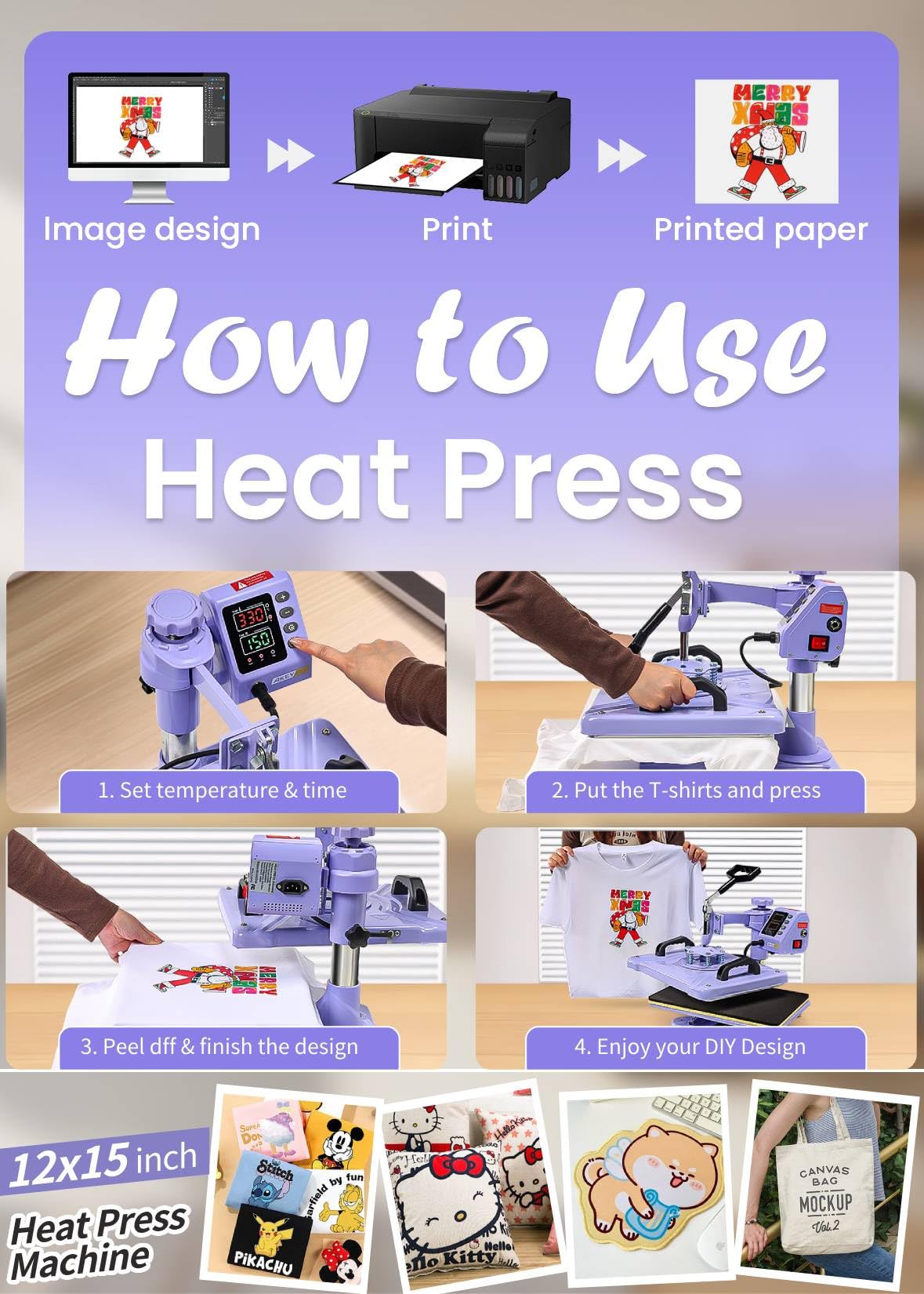 AKEYDIY Heat Press 5 in 1 Heat Press Machine 12x15 inch Swing Away T Shirt Pressing Machine with Digital Control, Multifunction Heat Press Transfer Sublimation Combo for T Shirts Mugs Hat Plate Cap AKEYDIY