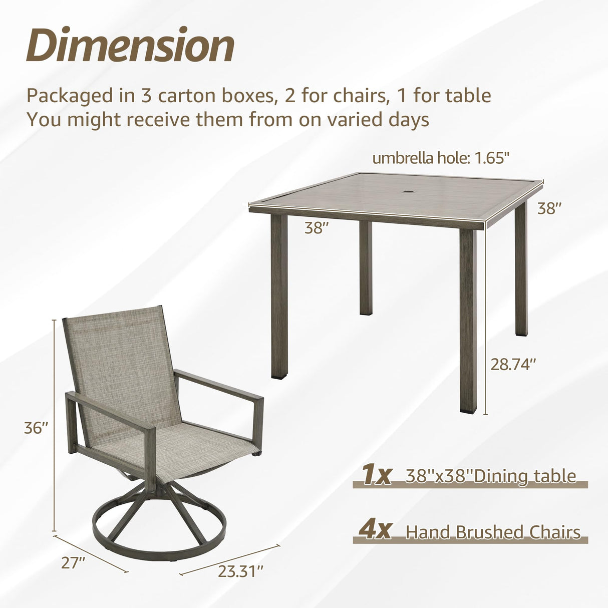 NATURAL EXPRESSIONS Patio Swivel Dining Set of 5, 4-Piece Mesh Sling High Back Chairs, 1-Piece 38" Square Woodgrain Steel Dining Table with 1.65'' Umbrella Hole for Outdoor Garden Yard NATURAL EXPRESSIONS