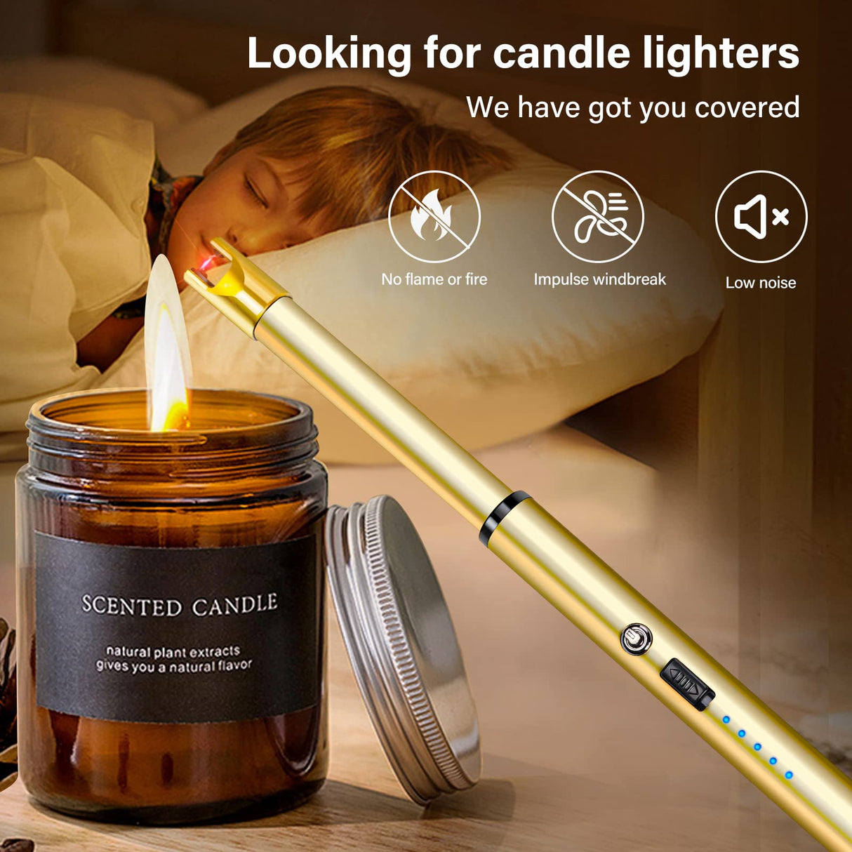 Navpeak Candle Lighter Long Neck Windproof Electric Rechargeable Arc Lighter for Light Candles Gas Stove Fireplace BBQ Kitchen Grills(Gold) Navpeak