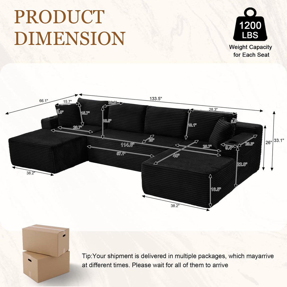 134 Inch Modular Sectional Sleeper Sofa, Boneless Cloud Couch for Living Room, U Shaped 5 Seat Sofa with 2 Storage Pockets& 2 Cup Holders, Free Combination, No Assembly Required (Black) HANXIN