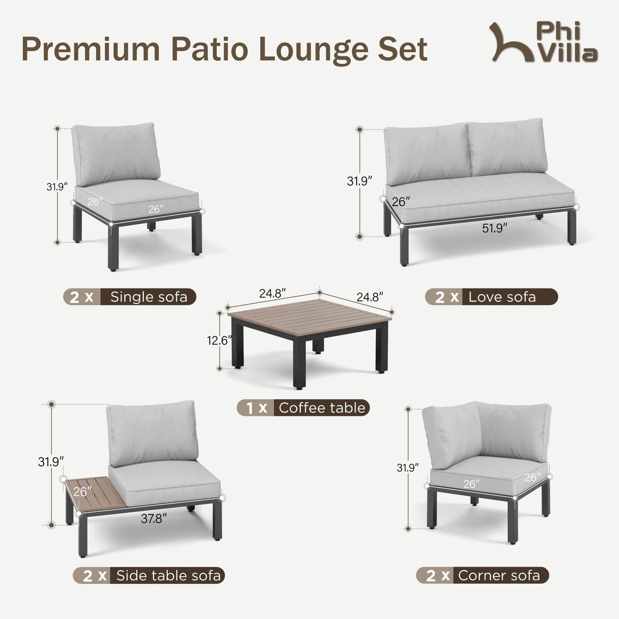 PHI VILLA 9 Pieces Outdoor Patio Furniture Set,Metal Frame Modern Outdoor Sectional Sofa Set,10 Seats Patio Conversation Sets with Coffee Table&Thickened Cushion,for Poolside and Backyard,Light Grey PHI VILLA