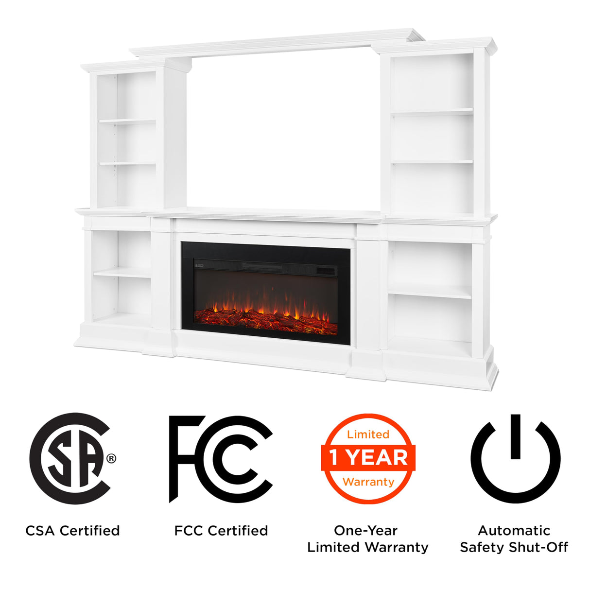 Real Flame Monte Vista 108" Landscape Electric Fireplace TV Stand for TVs up to 60 inches, Entertainment Center with Adjustable Shelves and Storage, TV Stand for Living Room and Bedroom, White Real Flame