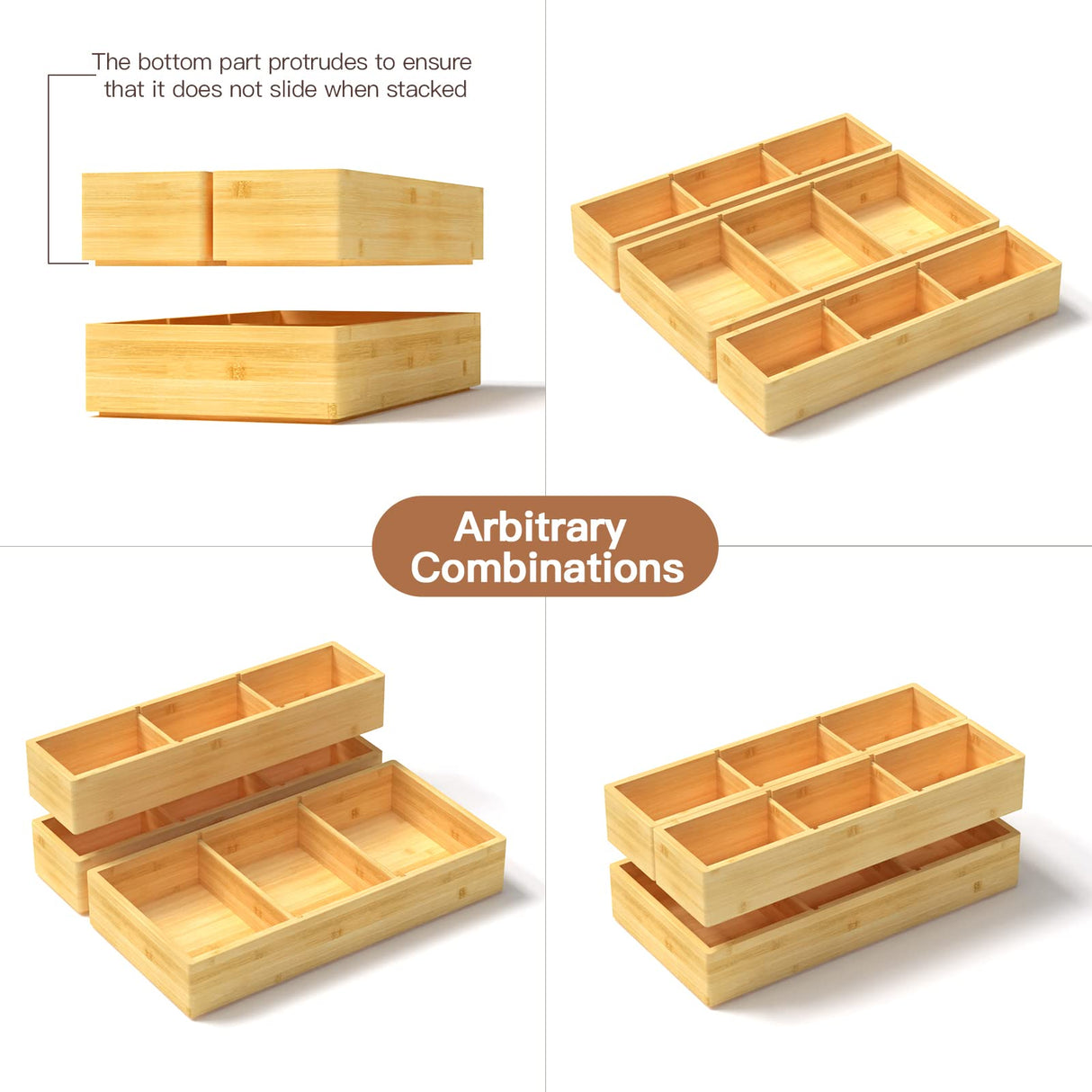 Bamboo Drawer Organizer 12.5'' X 12.5'' X 2'', Adjustable 3 Individual Junk Drawer organizer for Bathroom and Kitchen, Wood Drawer Organier Boxes for Jewellery, Make up and Tea Bag DUJEN