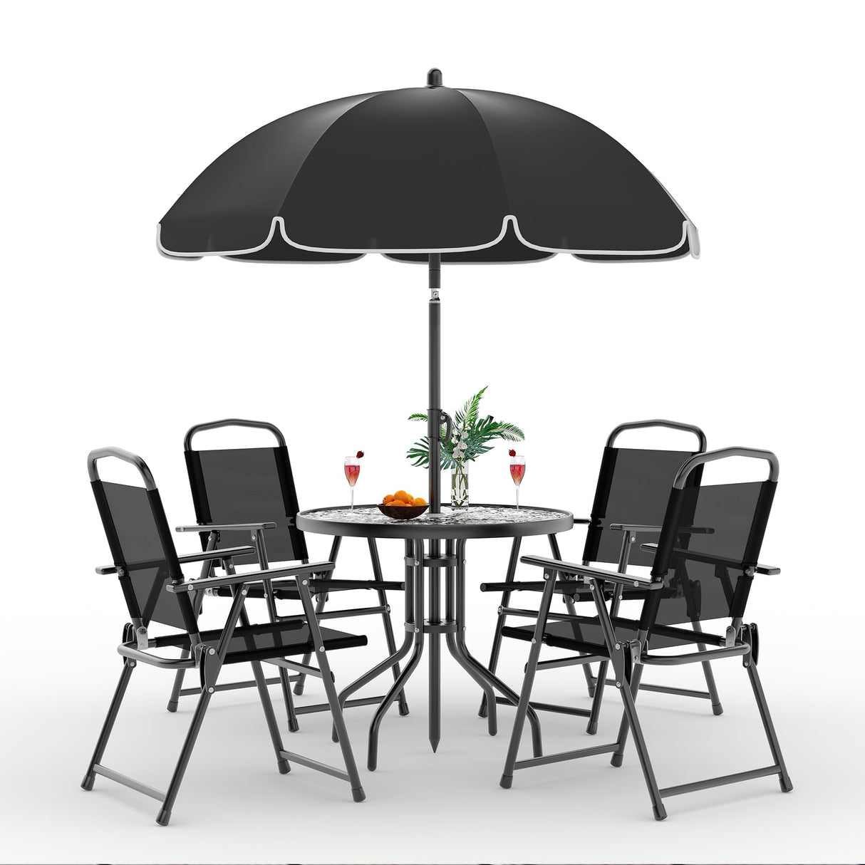 6 Pieces Outdoor Dining Set With Umbrella, Patio Table and 4 Folding Chairs With Umbrella, Garden Patio Furniture Set With Umbrellas, Tempered Glass Top Dining Table Reljofum