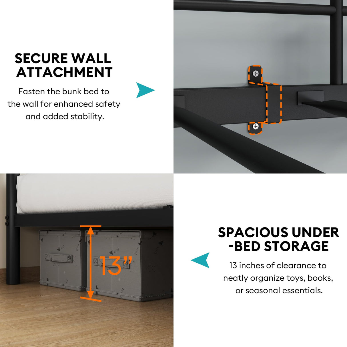 Full Over Full Metal Bunk Bed with LED Lights, USB Charging Station, 2 Drawers, Guard Rails & Ladder – No Box Spring Needed, Easy Assembly, Black stasado