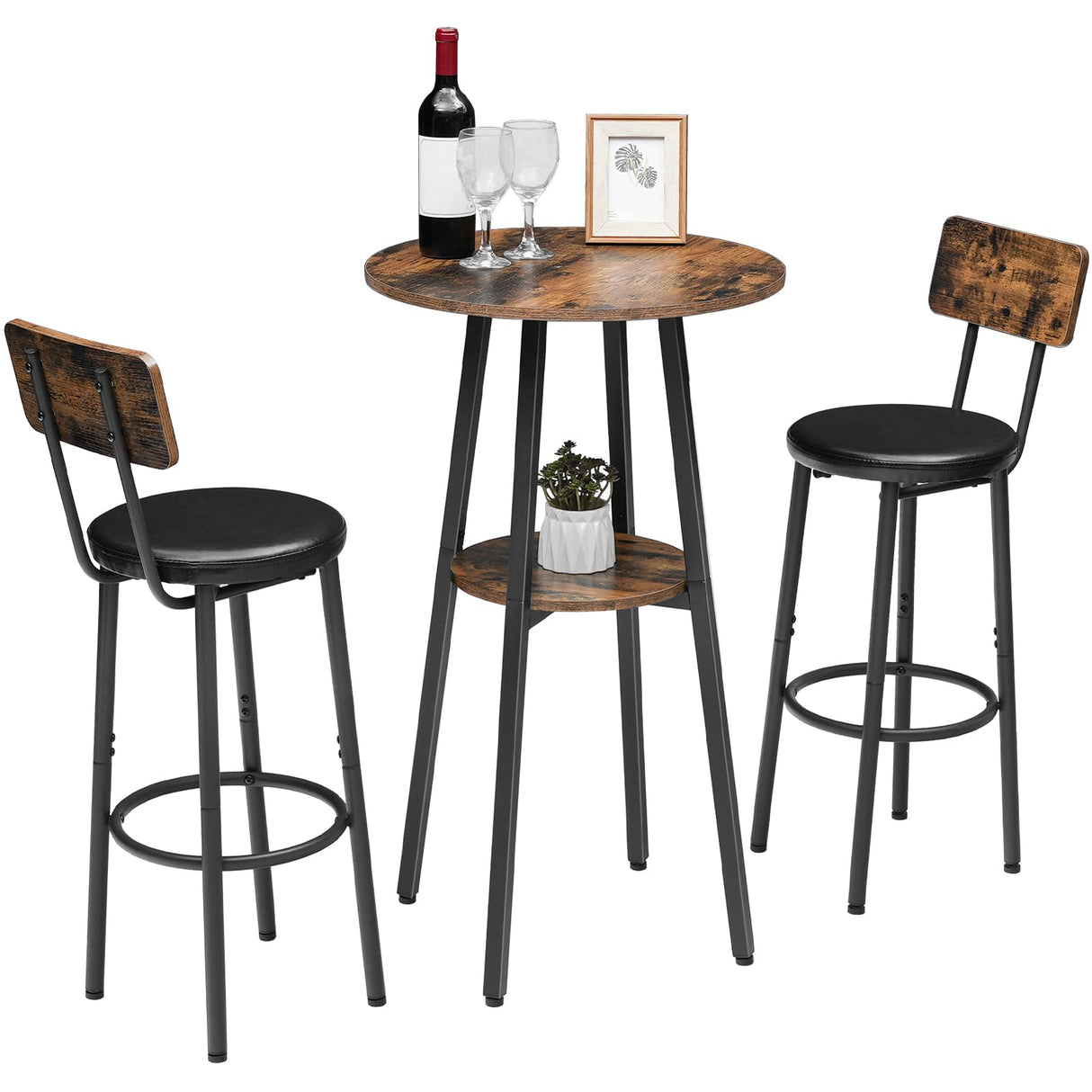 HOOBRO 2-Tier Rustic Brown Round Pub Table with Storage – 37.4" High Bistro Table for Small Spaces HOOBRO