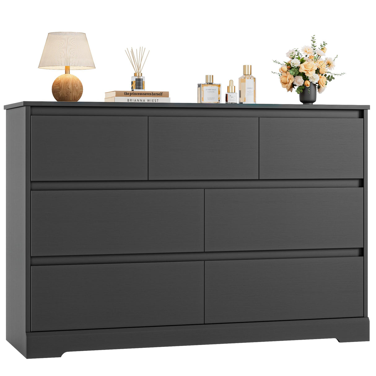 FACBOTALL Dresser for Bedroom, Modern White Dresser, Wood Chest of Drawers Nursery Dresser with Storage, 7 Drawer Double Dresser with Handle Free, Large Storage Dresser Organizer for Living Room,Black FACBOTALL