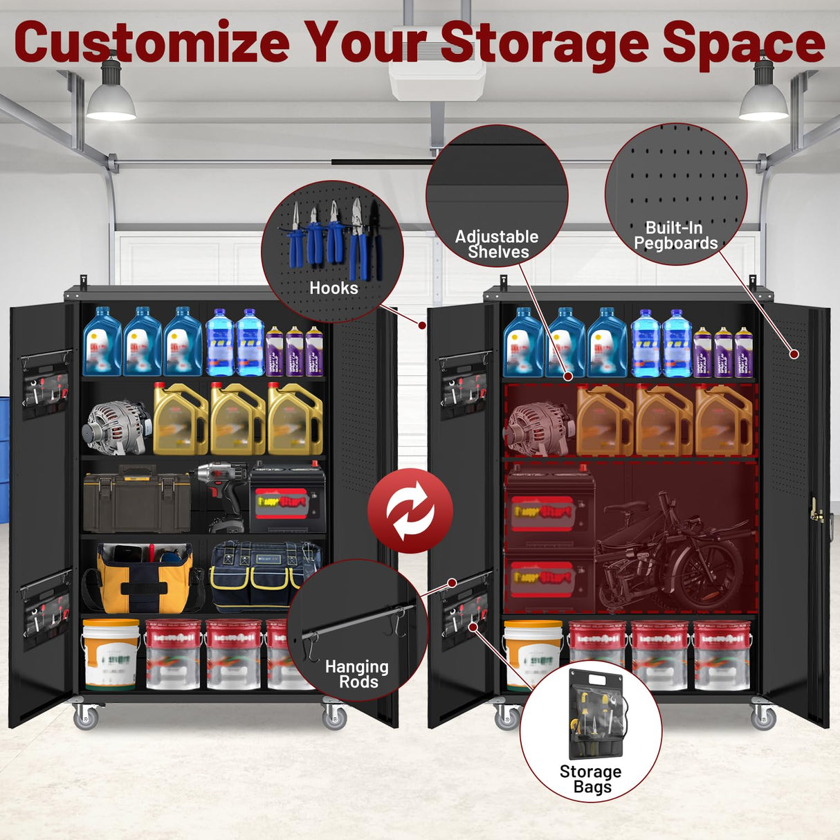 Reykilor Tall & Wide Metal Garage Storage Cabinet with 4 Adjustable Shelves, 43''W x 22''D x 72''H with Wheels & Pegboards, Heavy Duty Lockable Garage Cabinet for Warehouse, Basement, Office, Gym Reykilor