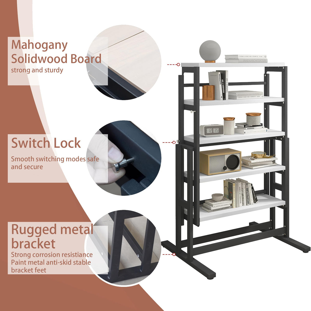 RELAHOGAR Convertible Dining Table, Multipurpose Mahogany Storage Shelf, 2 in 1 Bookshelf to Kitchen Table, Space Saving Transformer Shelf Table for Dining Room, Living Room, White RELAHOGAR